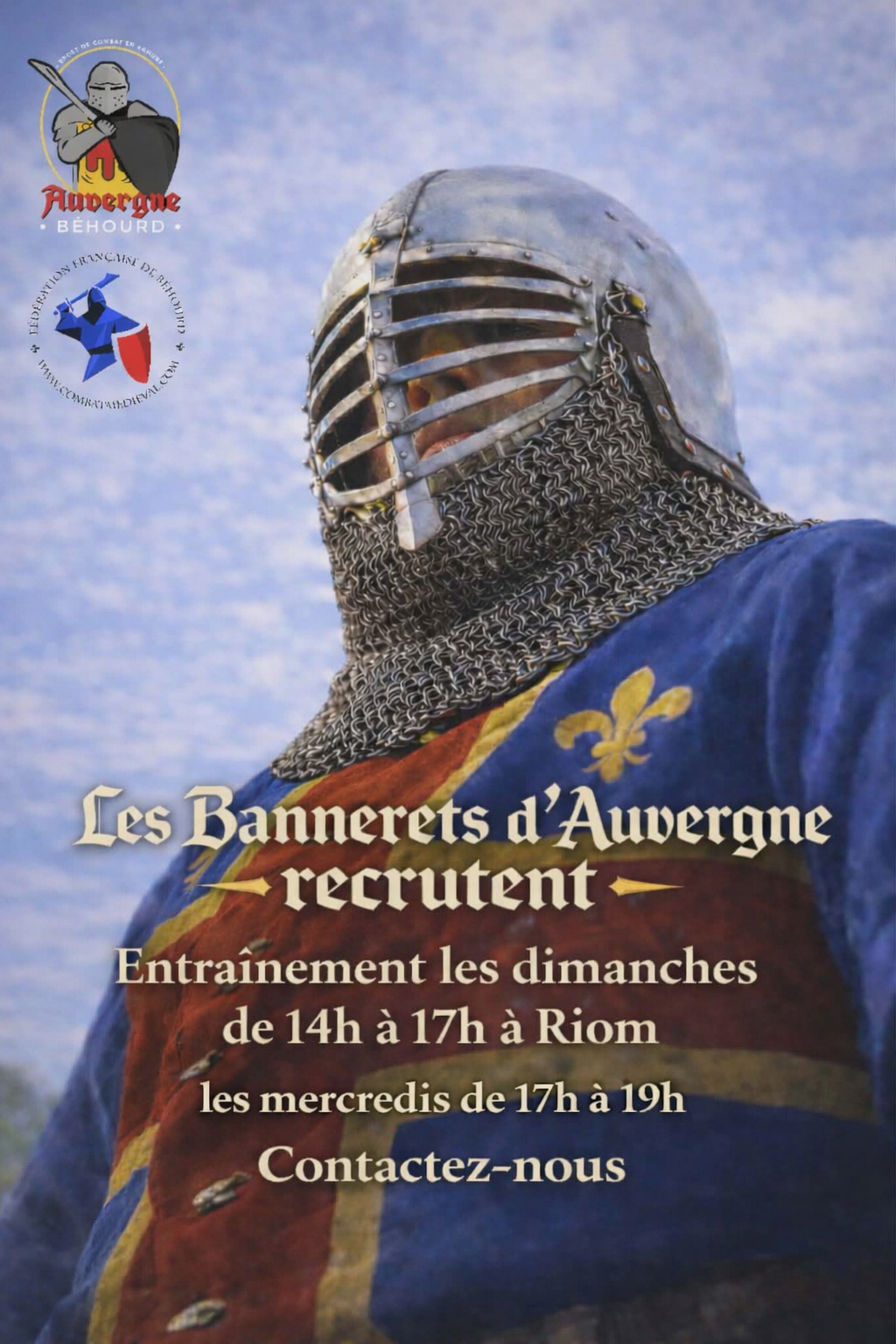 Affiche : Les Bannerets d’Auvergne recrutent — entraînement les dimanches de 14h à 17h à Riom, les mercredis de 17h à 19h